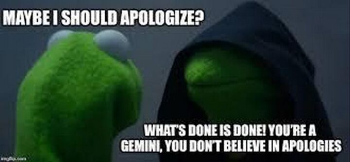 "Maybe I should apologize? What's done is done! You're a Gemini, you don't believe in apologies."