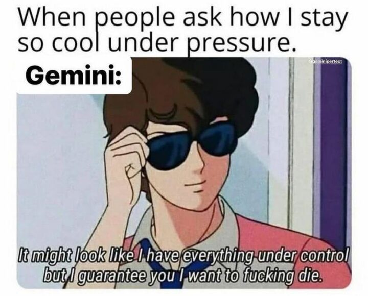 "When people ask how I stay so cool under pressure. Gemini: It might look like I have everything under control but I guarantee you I want to [censored] die."
