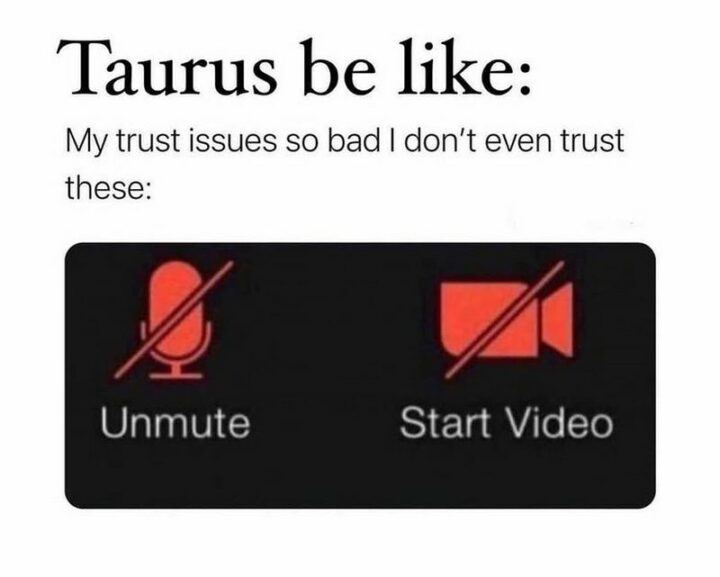 "Taurus be like: My trust issues so bad I don't even trust these: Unmute. Start video."
