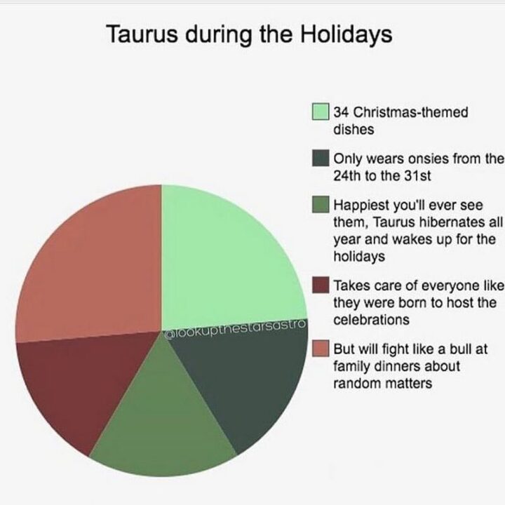 "Taurus during the holidays: 34 Christmas-themed dishes. Only wears onesies from the 24th to the 31st. Happiest you'll ever see them, Taurus hibernates all year and wakes up for the holidays. Takes care of everyone like they were born to host the celebrations. But will fight like a bull at family dinners about random matters."