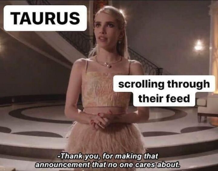 "Taurus scrolling through their feed: Thank you, for making that announcement that no one cares about."