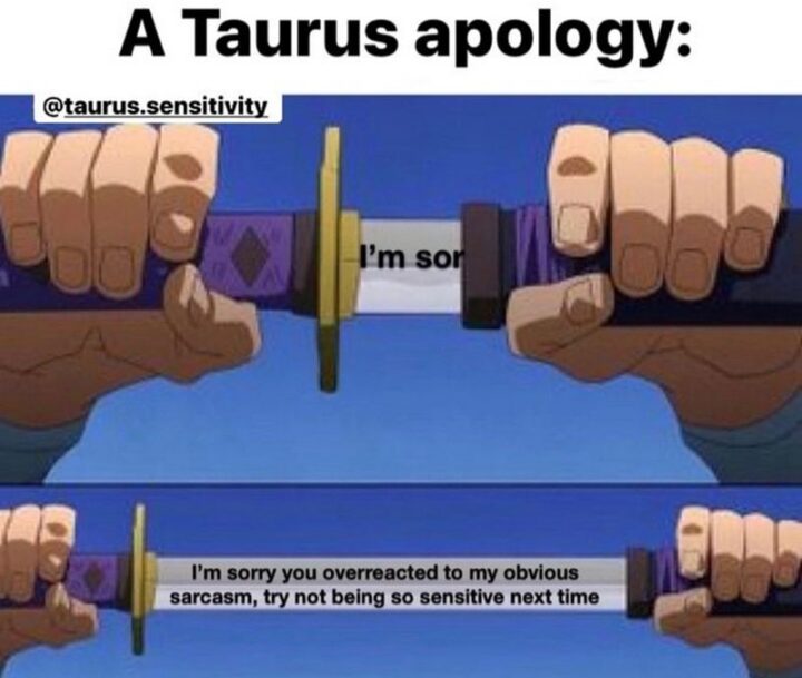 "A Taurus apology: I'm sorry. I'm sorry you overreacted to my obvious sarcasm, try not being so sensitive next time."