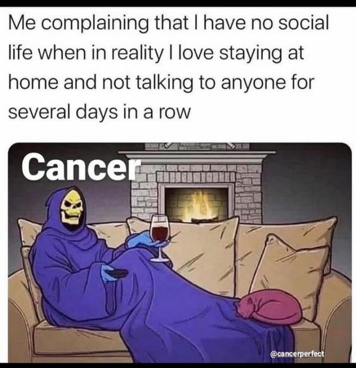 "Me complaining that I have no social life when in reality I love staying at home and not talking to anyone for several days in a row. Cancer."