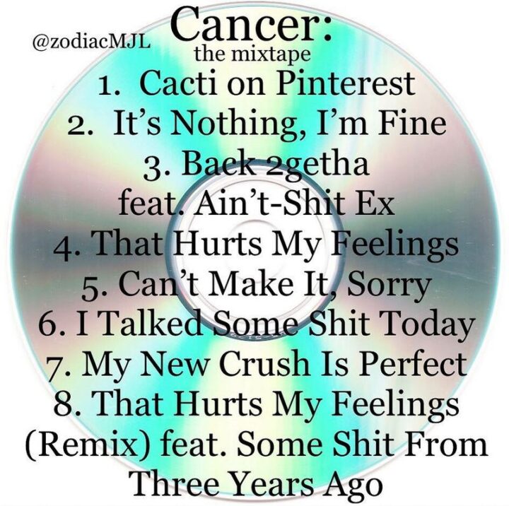 "Cancer: The mixtape. 1) Cacti on Pinterest. 2) It's Nothing, I'm Fine. 3) Back 2getha featuring Ain't-[censored] Ex. 4) That Hurts My Feelings. 5) Can't Make It, Sorry. 6) I Talked Some [censored] Today. 7) My New Crush Is Perfect. 8) That Hurts My Feelings (Remix) featuring Some [censored] From Three Years Ago."