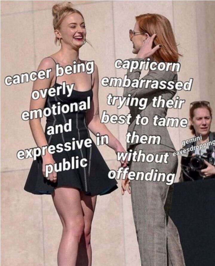 "Cancer being overly emotional and expressive in public. Capricorn embarrassed trying their best to tame them without offending."