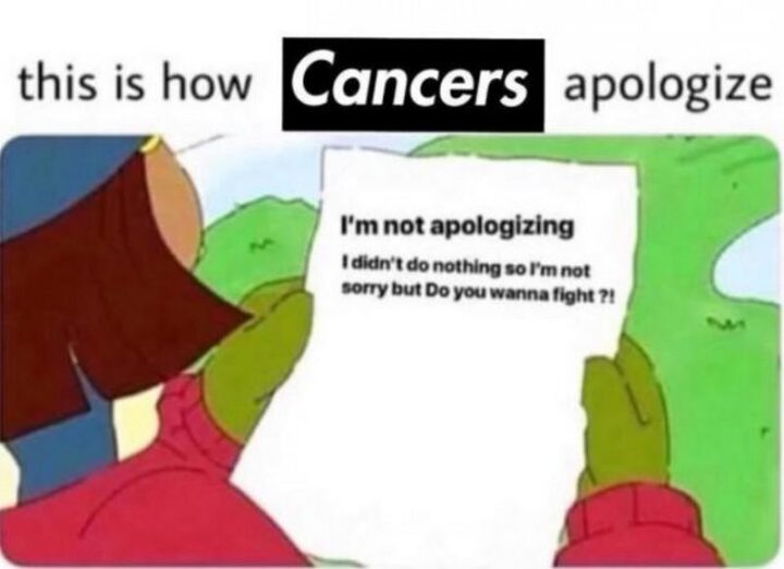"This is how Cancers apologize: I'm not apologizing. I didn't do anything so I'm not sorry but do you wanna fight?!"