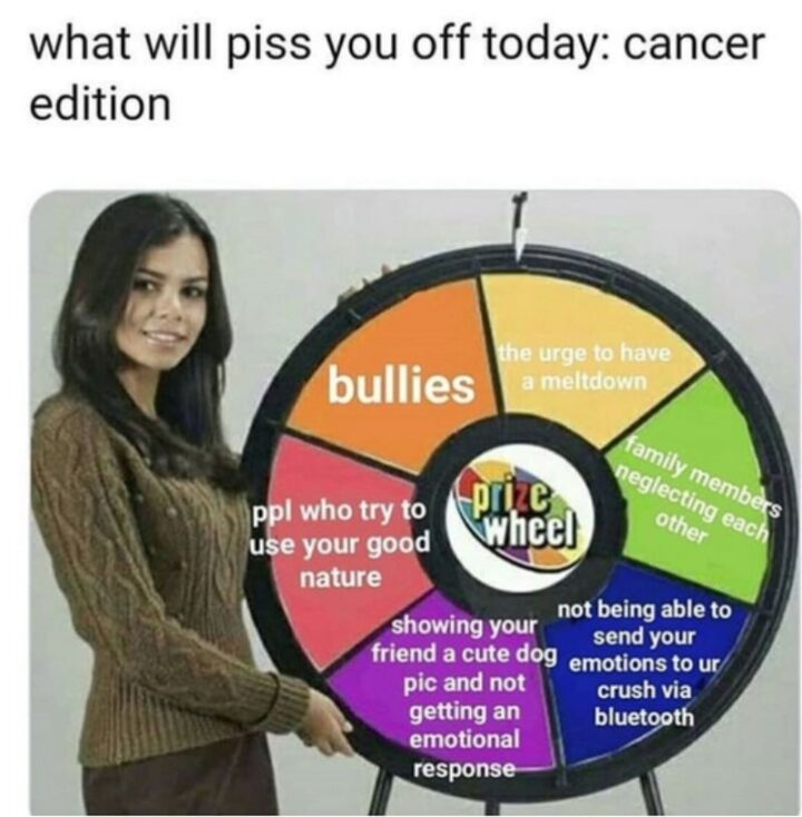 "What will piss you off today: Cancer edition. Bullies. The urge to have a meltdown. Family members neglect each other. Not being able to send your emotions to ur crush via Bluetooth. Showing your friend a cute dog pic and not getting an emotional response. People who try to use your good nature."