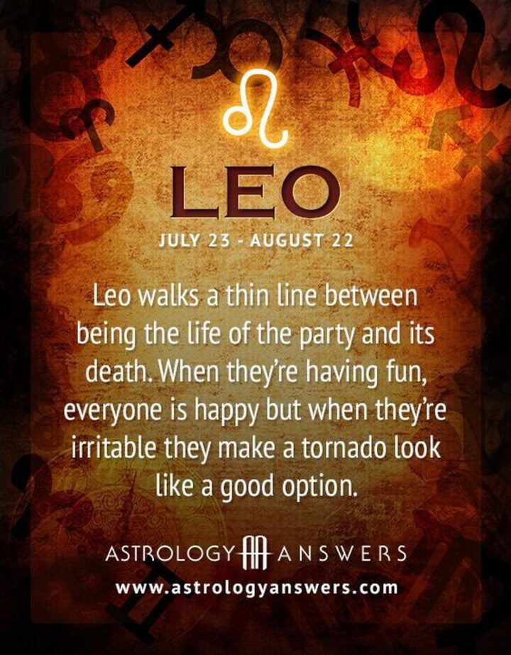 "Leo - July 23 - August 22. Leo walks a think line between being the life of the party and its death. When they're having fun, everyone is happy but when they're irritable they make a tornado look like a good option."