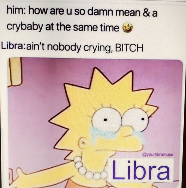"Him: How are u so damn mean and a crybaby at the same time. Libra: Ain't nobody crying, [censored]. Libra."