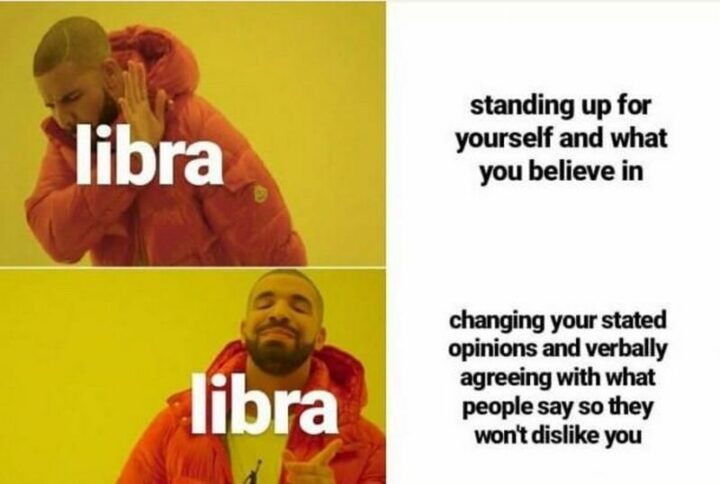 "Libra: Standing up for yourself and what you believe in. Libra: Changing your stated opinions and verbally agreeing with what people say so they won't dislike you."