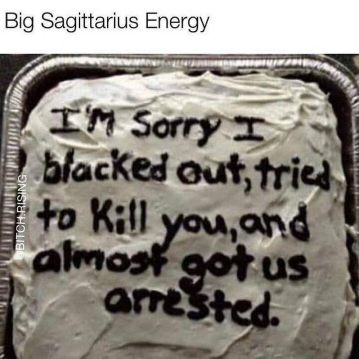 "Big Sagittarius energy: I'm sorry I blacked out, tried to kill you, and almost got us arrested."