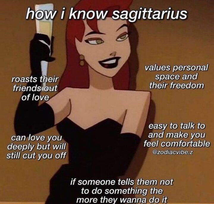 "How I know Sagittarius. Values personal space and freedom. Roasts their friends out of love. Easy to talk to and make you feel comfortable. Can love you deeply but will still cut you off. If someone tells them not to do something the more they wanna do it."