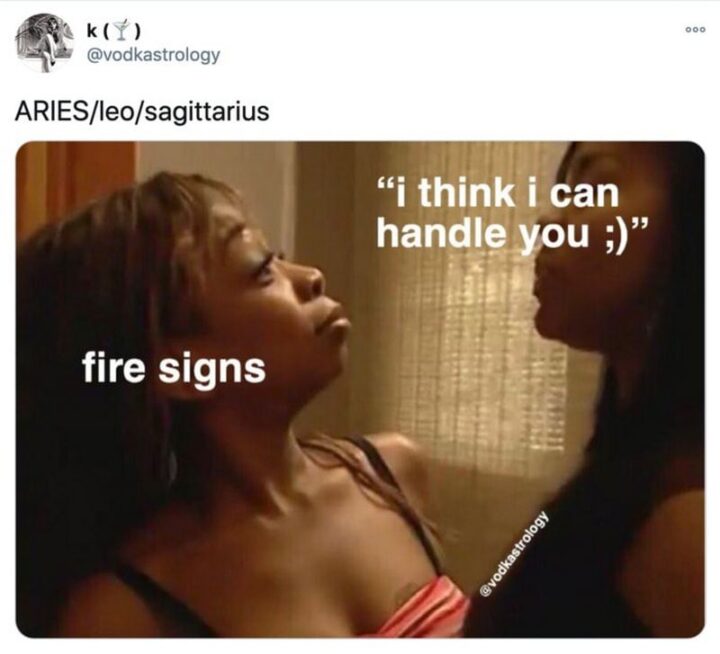 "Aries/Leo/Sagittarius: Fire signs. I think I can handle you."