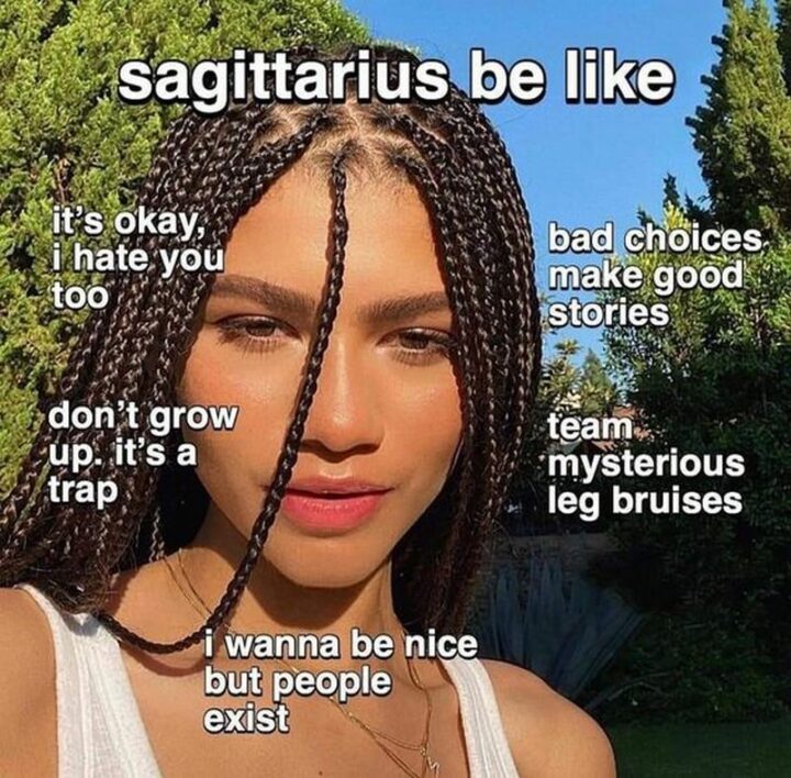 "Sagittarius be like: It's okay, I hate you too. Don't grow up. It's a trap. Bad choices make good stories. Team mysterious leg bruises. I wanna be nice but people exist."