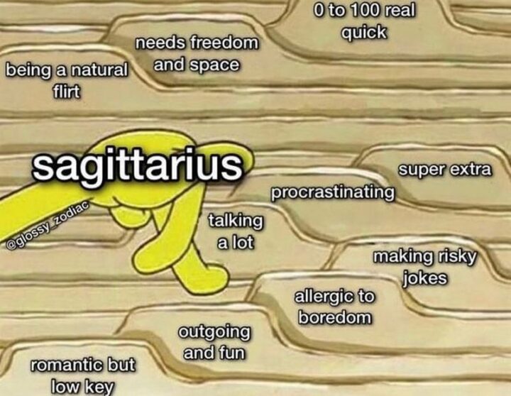 "0 to 100 real quick. Needs freedom and space. Being a natural flirt. Super extra. Procrastinating. Talking a lot. Making risky jokes. Allergic to boredom. Outgoing and fun. Romantic but low-key. Sagittarius."