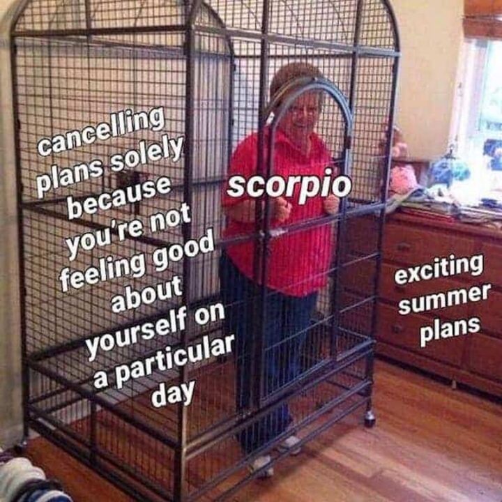 "Cancelling plans solely because you're not feeling good about yourself on a particular day. Scorpio. Exciting summer plans."
