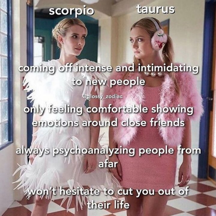 "Scorpio. Taurus. Coming off intense and intimidating to new people. Only feeling comfortable showing emotions around close friends. Always psychoanalyzing people from afar. Won't hesitate to cut you out of their life."