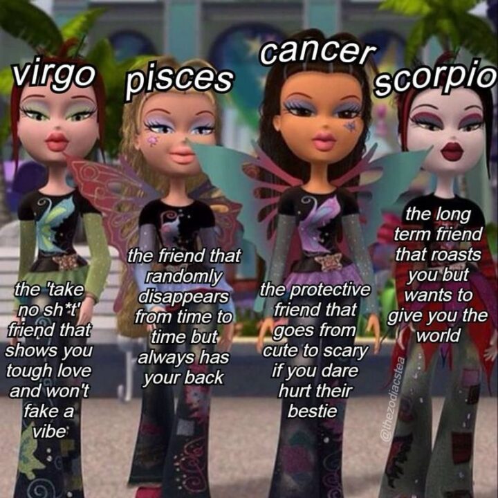 "Virgo: The 'take no [censored]' friend that shows you tough love and won't fake a vibe. Pisces: The friend that randomly disappears from time to time but always has your back. Cancer: The protective friend that goes from cute to scary if you dare hurt their bestie. Scorpio: The long-term friend that roasts you but wants to give you the world."