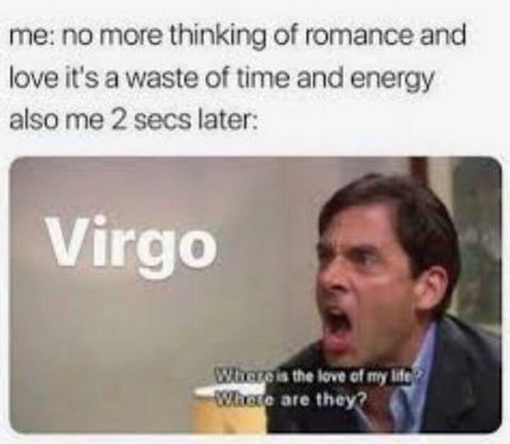 "Virgo: No more thinking of romance and love. It's a waste of time and energy. Also me 2 secs later: Where is the love of my life? Where are they?"