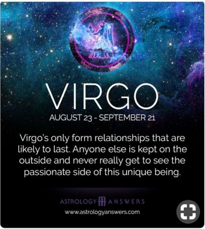 "Virgo's only form relationships that are likely to last. Anyone else is kept on the outside and never really get to see the passionate side of this unique being."
