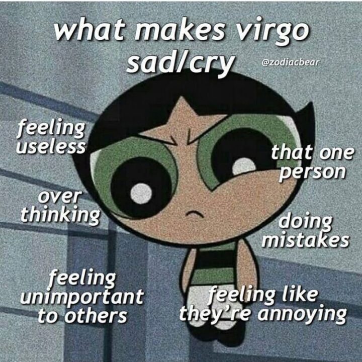 "What makes Virgo sad/cry: Feeling useless. Overthinking. Feeling unimportant to others. That one person. Doing mistakes. Feeling like they're annoying."