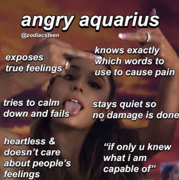 "Angry Aquarius: Exposes true feelings. Knows exactly which words to use to cause pain. Tries to calm down and fails. Stays quiet so no damage is done. Heartless and doesn't care about people's feelings. If only u know what I am capable of."