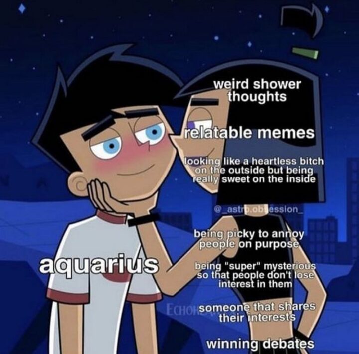 "Weird shower thoughts. Relatable memes. Looking like a heartless [censored] on the outside but being really sweet on the inside. Being picky to annoy people on purpose. Being super mysterious so that people don't lose interest in them. Someone that shares their interests. Winning debates. Aquarius."