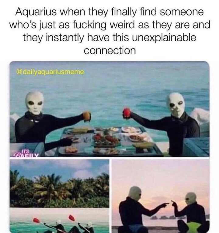 "Aquarius when they finally find someone who's just as [censored] weird as they are and they instantly have this unexplainable connection."