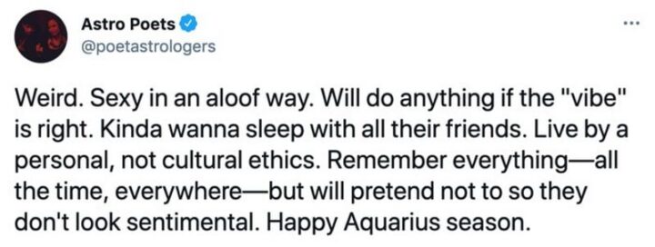 "Weird. Sexy in an aloof way. Will do anything if the "vibe" is right. Kinda wanna sleep with all their friends. Live by personal, not cultural ethics. Remember everything - all the time, everywhere - but will pretend not to so they don't look sentimental. Happy Aquarius season."