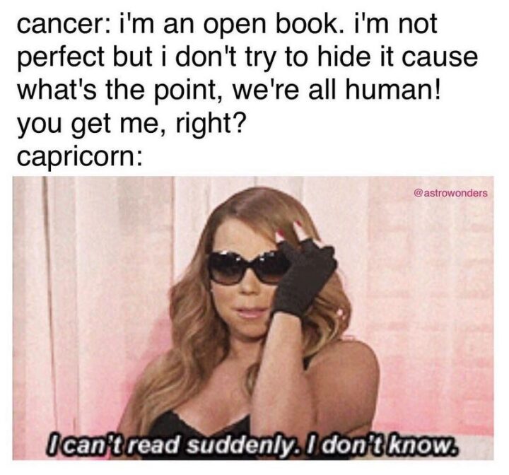 "Cancer: I'm an open book. I'm not perfect but I don't try to hide it cause what's the point, we're all human! You get me, right? Capricorn: I can't read suddenly. I don't know."
