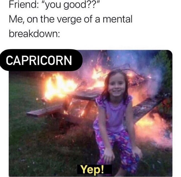 "Friend: You good?? Me (Capricorn), on the verge of a mental breakdown: Yep!"