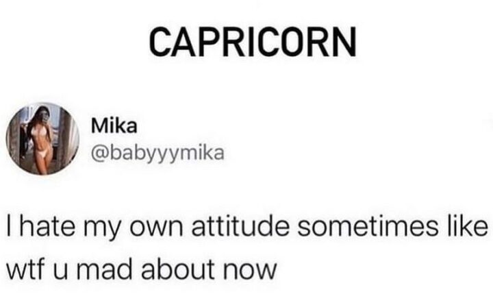 "Capricorn: I hate my own attitude sometimes like WTF U mad about now."