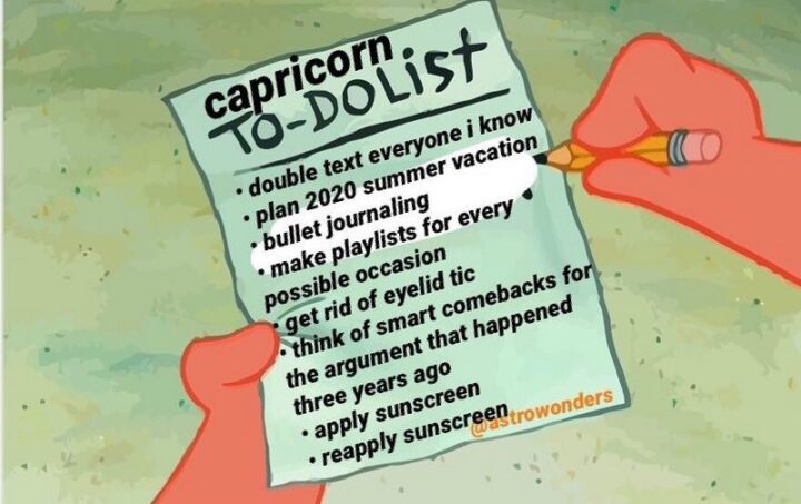 "Capricorn to-do list: Double text everyone I know. Plan 2020 summer vacation. Bullet journaling. Make playlists for every possible occasion. Get rid of eyelid tic. Think of smart comebacks for the argument that happened three years ago. Apply sunscreen. Reapply sunscreen."