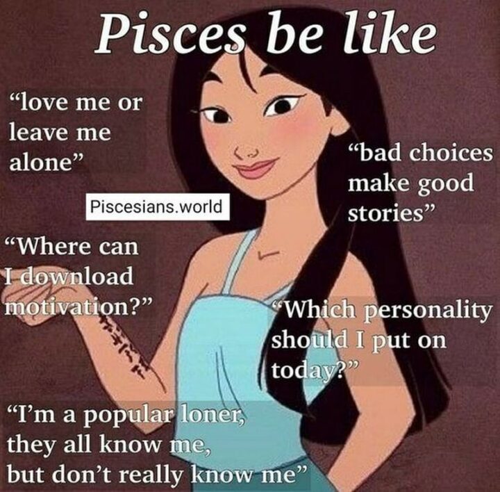 "Pisces be like: Love me or leave me alone. Bad choices make good stories. Where can I download motivation? Which personality should I put on today? I'm a popular loner, they all know me, but don't really know me."