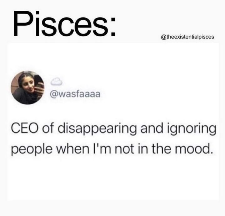 "Pisces: CEO of disappearing and ignoring people when I'm not in the mood."