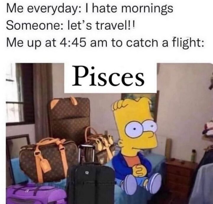 "Me every day: I hate mornings. Someone: Let's travel!! Me up at 4:45 am to catch a flight: Pisces."