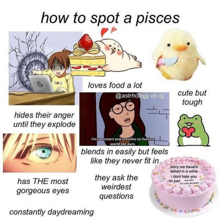 "How to spot a Pisces: Loves food a lot. Cute but tough. Hides their anger until they explode. Blends in easily but always feels like they never fit in. Has the most gorgeous eyes. They ask the weirdest questions. Constantly daydreaming."