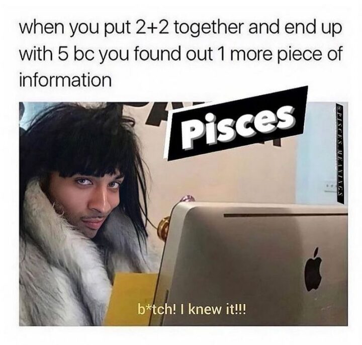 "When you put 2+2 together and end up with 5 because you found 1 more piece of information. Pisces: [censored]! I knew it!!!"
