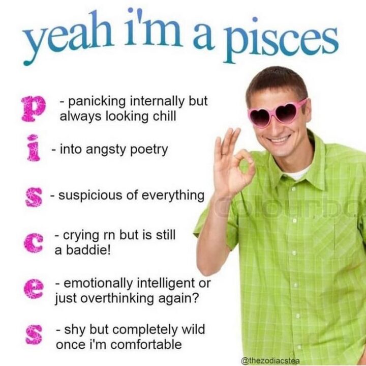 "Yeah, I'm a Pisces. P - Panicking internally but always looking chill. I - Into angsty poetry. S - Suspicious of everything. C - Crying right now but is still a baddie. E - Emotionally intelligent or just overthinking again? S - Shy but completely wild once I'm comfortable."
