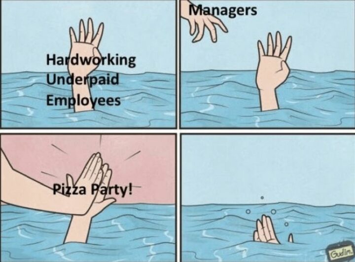 "Hardworking underpaid employees. Managers. Pizza party!"