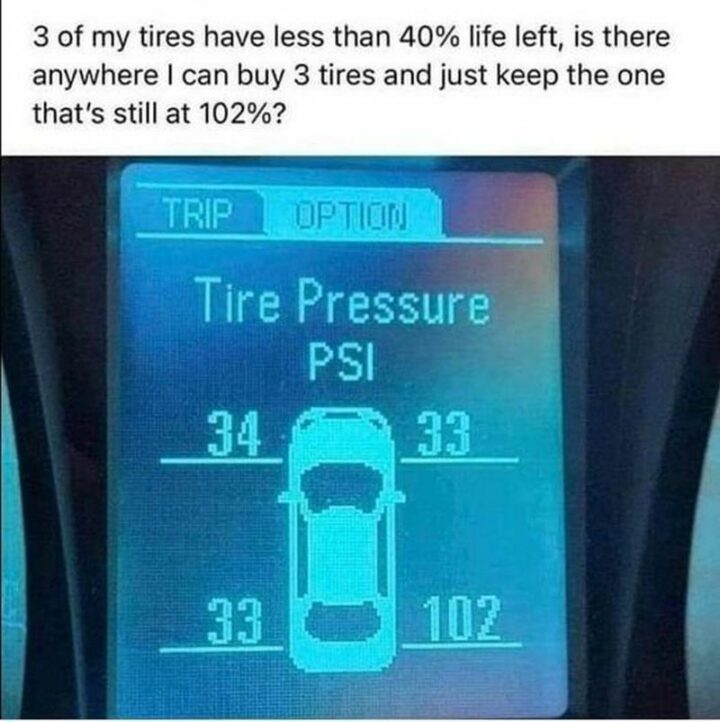 "3 of my tires have less than 40% life left, is there anywhere I can buy 3 tires and just keep the one that's still at 102%?"