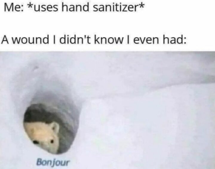 "Me: *Uses hand sanitizer*. A wound I didn't know I even had: Bonjour."