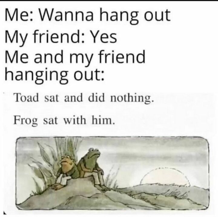 "Me: Wanna hang out. My friend: Yes. Me and my friend hanging out: Toad sat and did nothing. Frog sat with him."