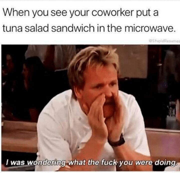 "When you see your annoying coworker put a tuna salad sandwich in the microwave: I was wondering what the [censored] you were doing."