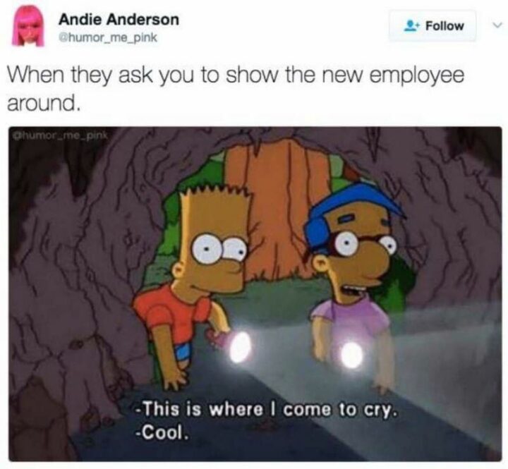 "When they ask you to show the new employee around. This is where I come to cry. Cool."