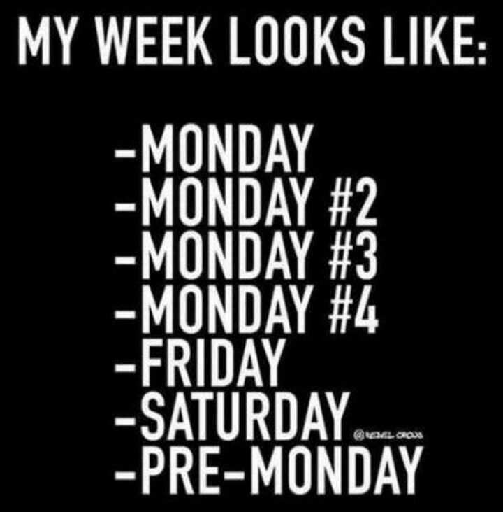 "My week looks like: Monday, Monday #2, Monday #3, Monday #4, Friday, Saturday, pre-Monday."
