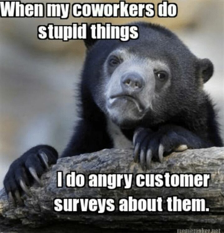 "When my coworkers or work friends do stupid things, I do angry customer surveys about them."