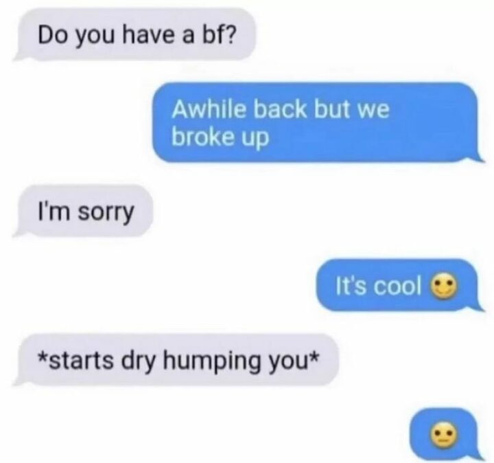 55 Dark Memes - "Do you have a boyfriend? A while back but we broke up. I'm sorry. It's cool. *starts dry humping you*"