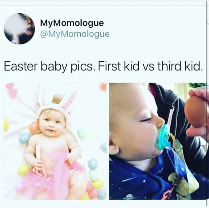 "Easter baby pics. First kid vs third kid."