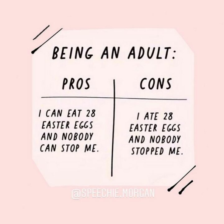 "Being an adult: Pros. I can eat 28 Easter eggs and nobody can stop me. Cons. I ate 28 Easter eggs and nobody stopped me."